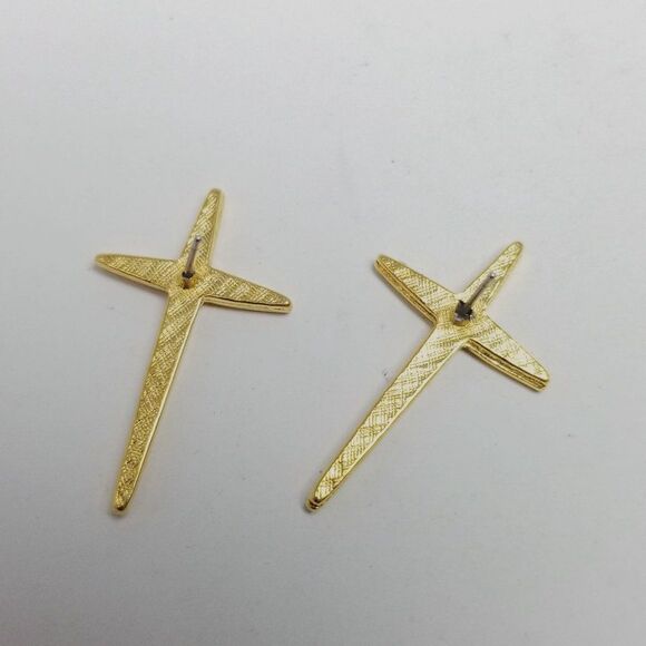 Vintage Gold Tone Cross Shape Stud Earrings, Religious Posts, Nice Size - Picture 3 of 6
